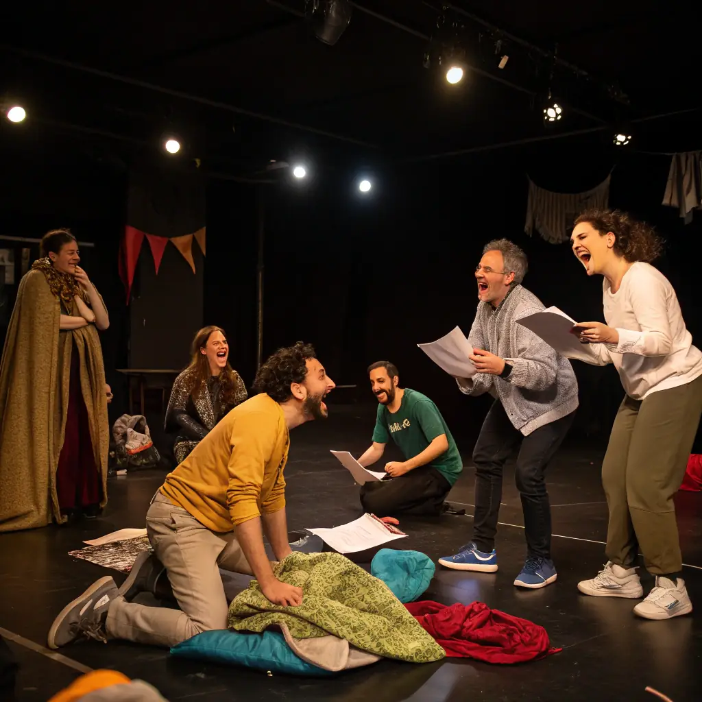 A group of young people participating in a theater workshop, smiling and engaged in an acting exercise.