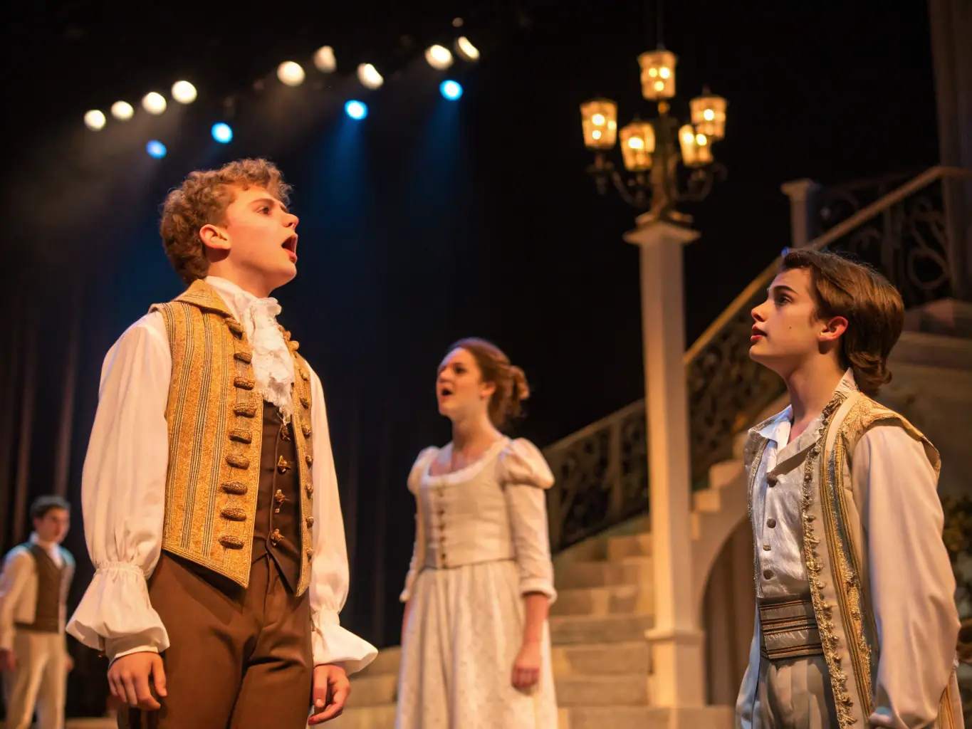 A vibrant stage scene with actors performing a play, showcasing THEATRE DE LA CLOCHE PERSE's commitment to high-quality theatrical productions.